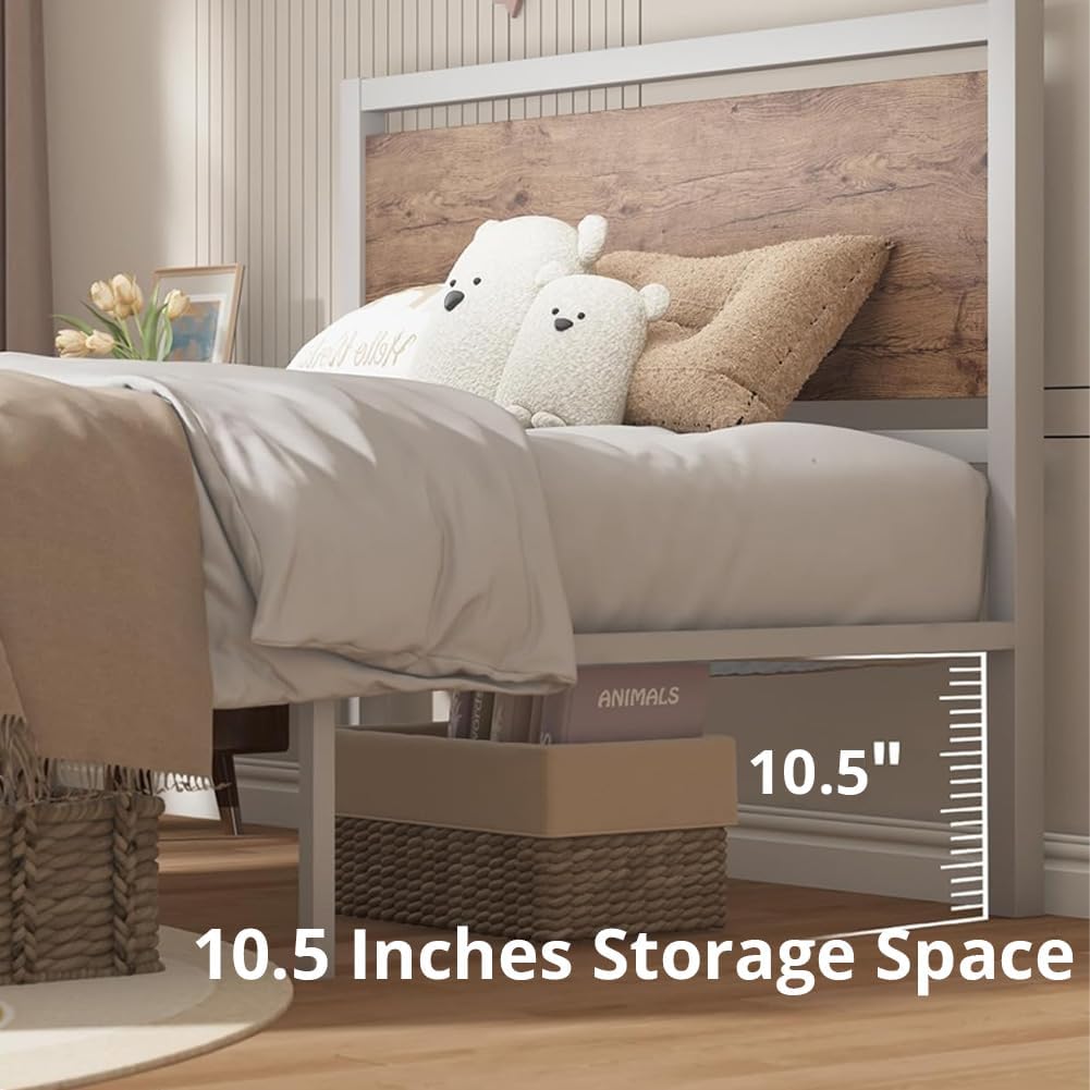 Twin Bed Frames with Headboard, Industrial Style Twin Size Bed Frame, Twin Size Bed Frames with Wooden Footboard, Heavy Duty, No Box Spring Needed, Noise-Free, Easy Assembly, White Brown