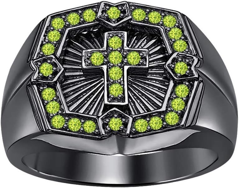 0.40 CTW Round Cut Peridot 14k Black Gold Plated Cross Ring for Men's.