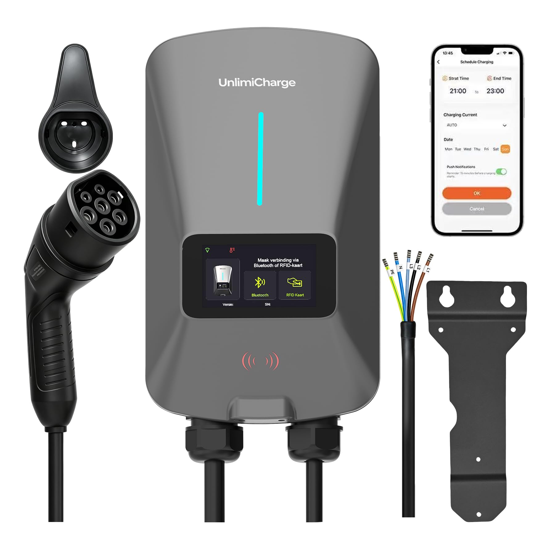 Wallbox 22kW Borne de Recharge avec APP Triphasé (400V,6A-32A,8m câble)