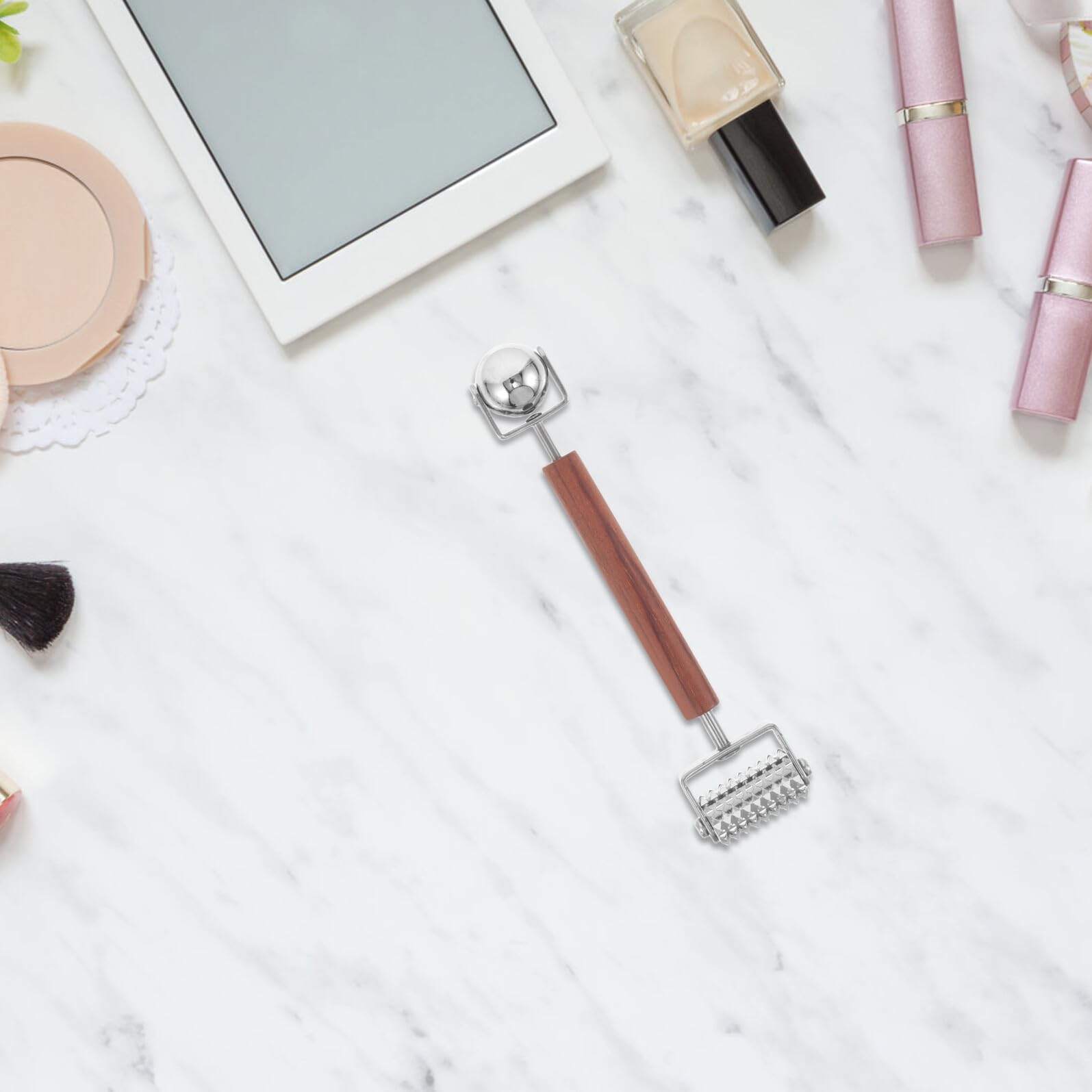 WOONEKY Masajeador Facial Cuello de Acero Inoxidable con Rodillo Doble para Ojos y Cara Herramienta Manual Antiedad para Mujeres Tensión Muscular Estimula Puntos de Acupresión y Mejora