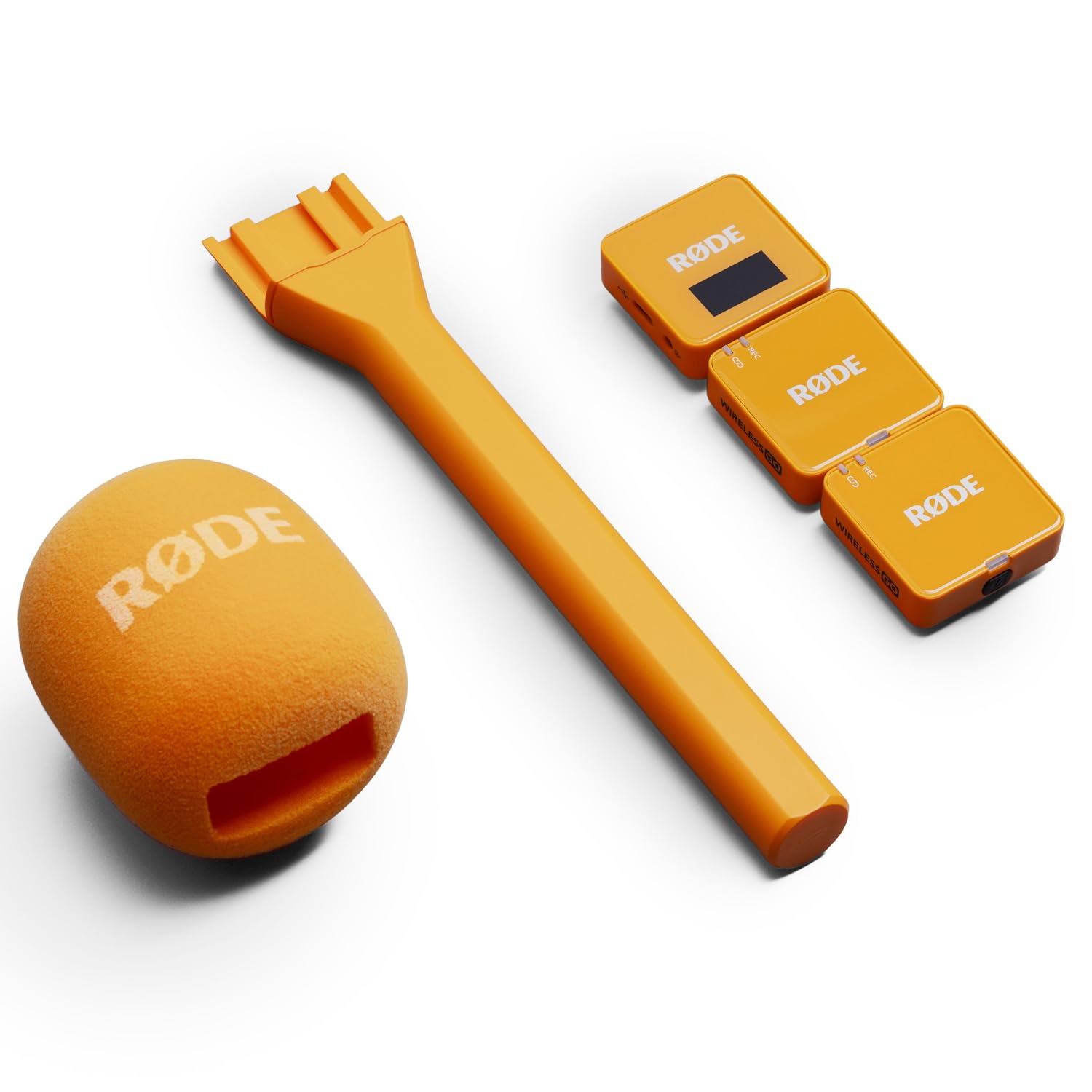 Rode Wireless GO Gen 3 bezprzewodowy 2-kanałowy system radiowy mikrofonu pomarańczowy z interview GO adapter ręczny, pomarańczowy i keepdrum, futrzana ochrona przed wiatrem