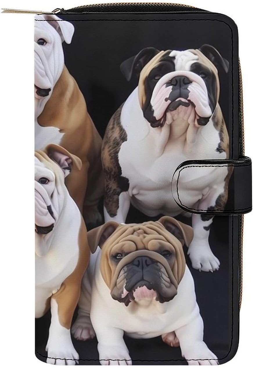 English Bulldogs Leather Wallets for Women with 12 Card Slots Zip Credit Card Holder Long Clutch with Coin Purse Id Window Travel Cash Wallet