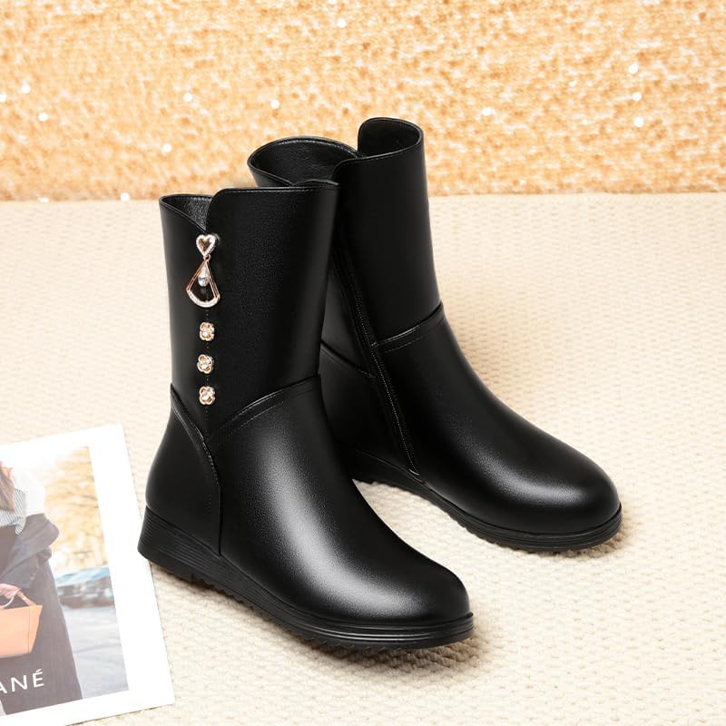 Women's Warm Mid-Calf Leather Boots Comfortable Chunky Heel Side Zipper Fur Lining Winter Boots with Decorative Rhinestones & Pendant Fashion Classic Mid-calf Snow Boots - Image 9