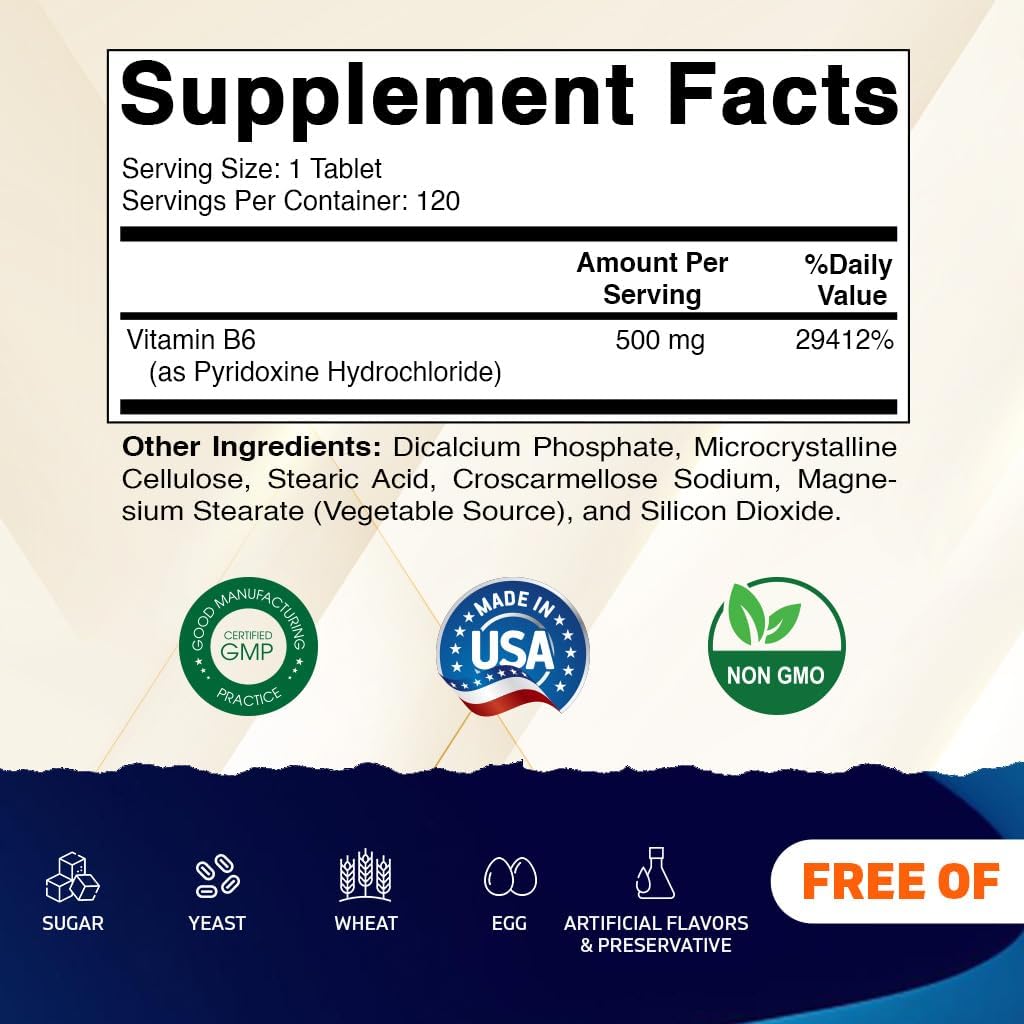 Vitamatic Vitamin B6 (Pyridoxine HCI), 500 mg – 120 Vegetarian Tablets - 2 Pack Promotes Energy Production, Boosts Metabolism & Immune Health Support