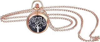 Reloj de Bolsillo para Mujer, Reloj Bolsillo de Árbol de la Vida de Moda Simple Estuche Número Arábigo Dial Señoras Collar Suéter Cadena Oro Rosa