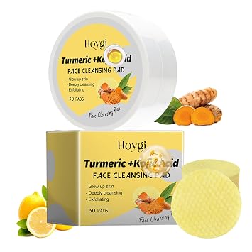 HOYGI Kojic Acid and Turmeric Cleansing Pads for Face Cleansing and Exfoliation, Turmeric Face Scrub Pads, 30 Pcs/Box