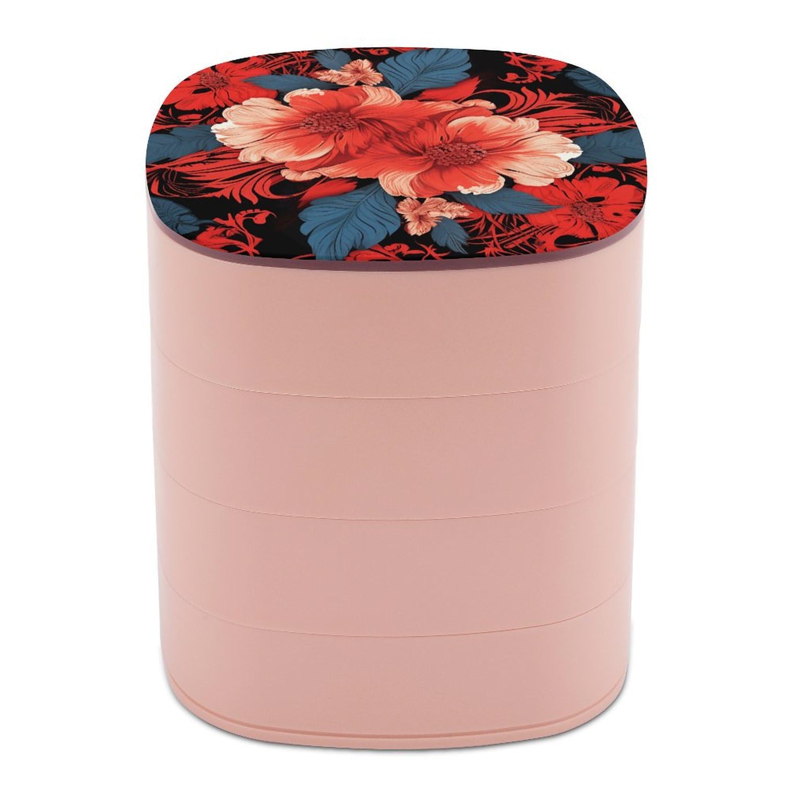 Boîte à bijoux pour coiffeuse avec rangement rotatif et motif floral rouge