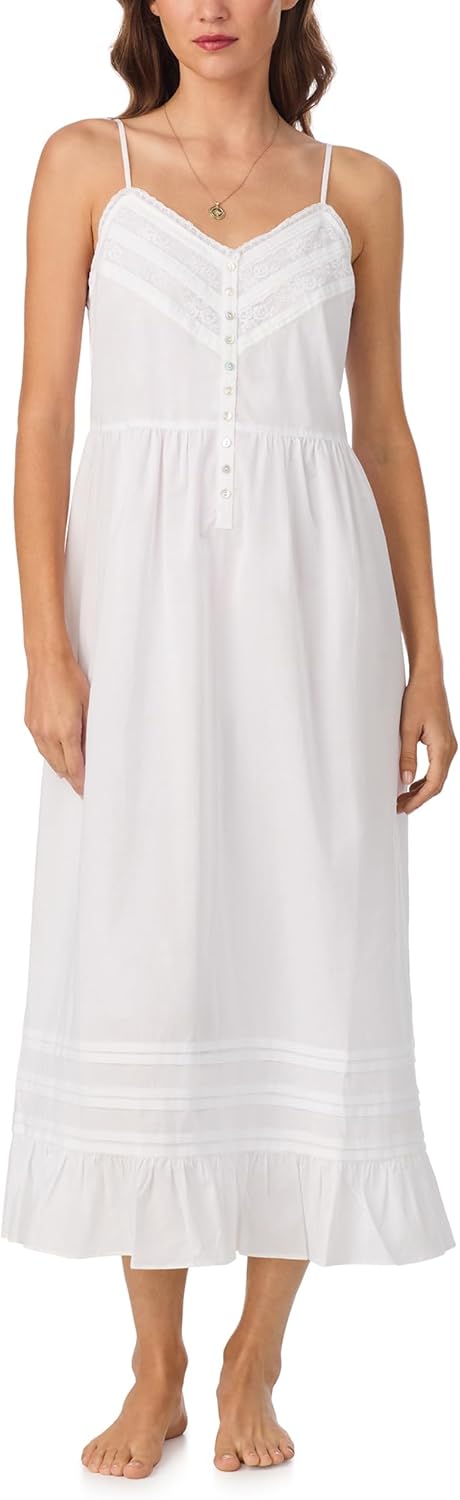 Eileen West Womens Sleepwear & Loungewear - Woven Lawn Collection - 100% Cotton Lightweight Sleeveless Long Modern Nightgown