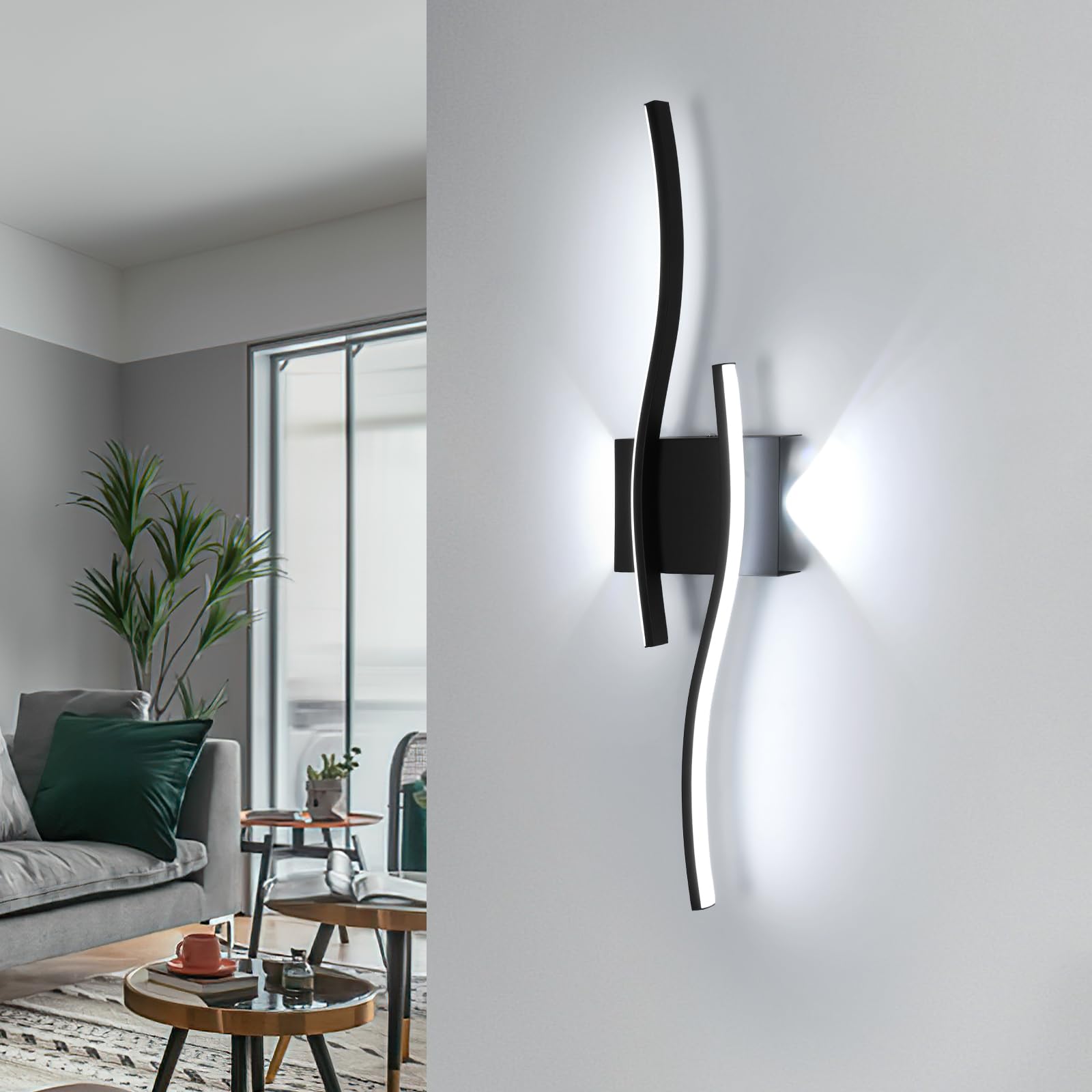 Comely Aplique Pared Interior LED, 20 W 2250 LM Lámpara de Pared Moderna, Negro Larga Aplique de Interior para Salón Dormitorio, Cocina, Comedor, Escalera, Pasillo, Blanco Frío 6500K, 60 CM