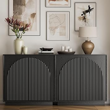win2win Fluted Sideboard Buffet Cabinet with Storage, 31.5" Modern Accent Cabinet with Double-Layered Arch Doors, Small Wood Console Credenza for Living Room, Dining Room, Entryway, Black, 2PCS
