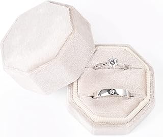 Etercycle Velvet Ring Box, Octagon Gorgeous Vintage Double Jewelry Ring Gift Box with Detachable Lid for Proposal Engagement Wedding Ceremony (Beige)