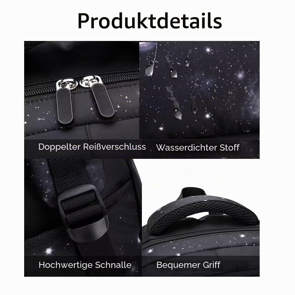 Schulrucksack Jungen Teenager Trolley Schulranzen Jungen Schultasche Koffer Rucksack mit Rollen, 3-teiliges Schultaschen-Sets mit Lunch Tasche und Federmäppchen (Blauer Sternenhimmel)