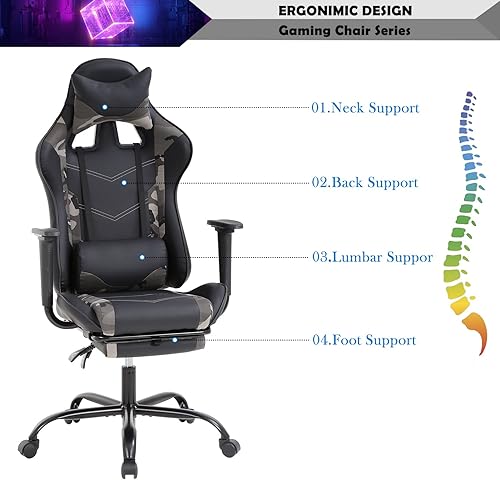 Miniatura 27 de Silla de juegos de estilo de carreras, silla de escritorio ergonómica con reposacabezas y soporte lumbar, respaldo alto, silla reclinable de