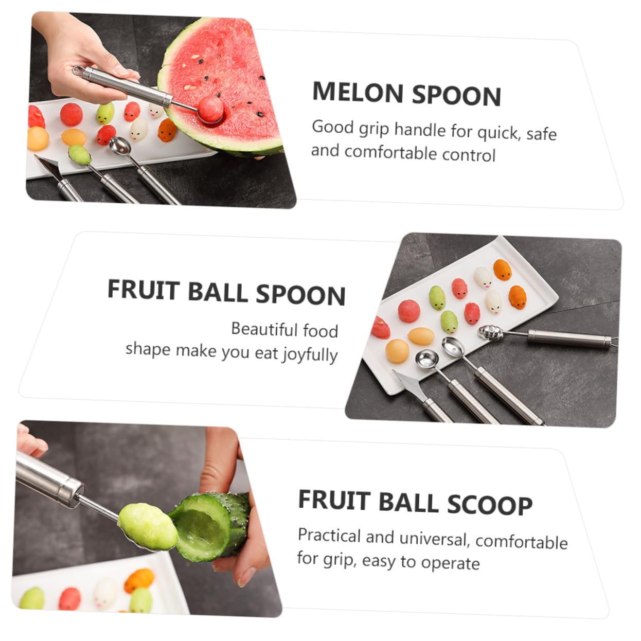 Silber Kugellöffel aus Edelstahl 4 Stück, für Melone | Melonenausstecher, Metall Obstlöffel, Einfache Handhabung, Schneller Zugriff, Sicherer Griff, Küchenzubehör