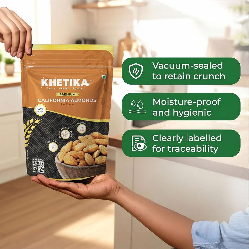 Khetika Premium California Almonds | 200g | Dry Fruits, Almond, Badam, Badam Giri, Rich in Fiber, Boost Immunity, Healthy Nutritious Snacks, Whole Crunchy Almonds 3