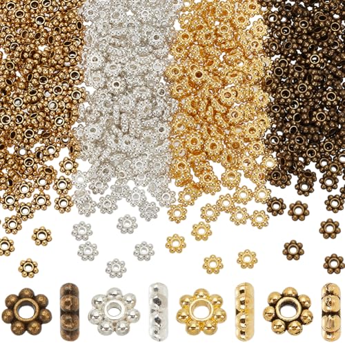SOFPLATE 1 Box 600Pcs 6mm Gold Daisy Spacer Bead Silver Flower Metal Beads Bulk Tibetan Antique Alloy Mini Round Snowflake Loose Charm Bead for jewellery Making Supplies DIY Bracelets Necklaces Earrin