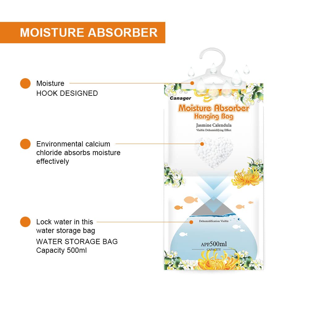 Canager Absorbente de humedad colgante, caléndula de jazmín, bolsa deshumidificador de 12 onzas (8 paquetes), recoge el exceso de agua y obtén aire fragante.