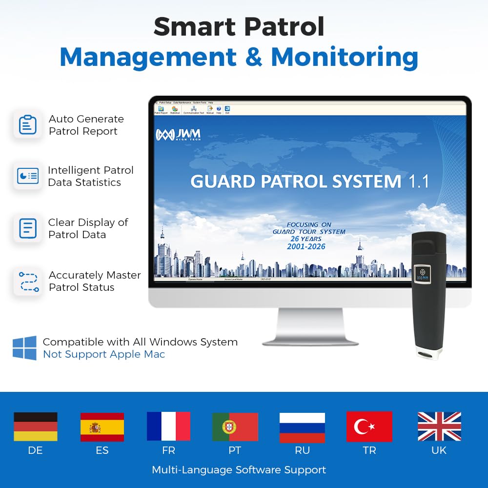 JWM RFID Guardia de Seguridad Sistema de Patrulla, IP67 Resistente al Agua | Software independiente gratuito para seguridad de hoteles, almacenes y logística, equipo de patrulla de grado industrial