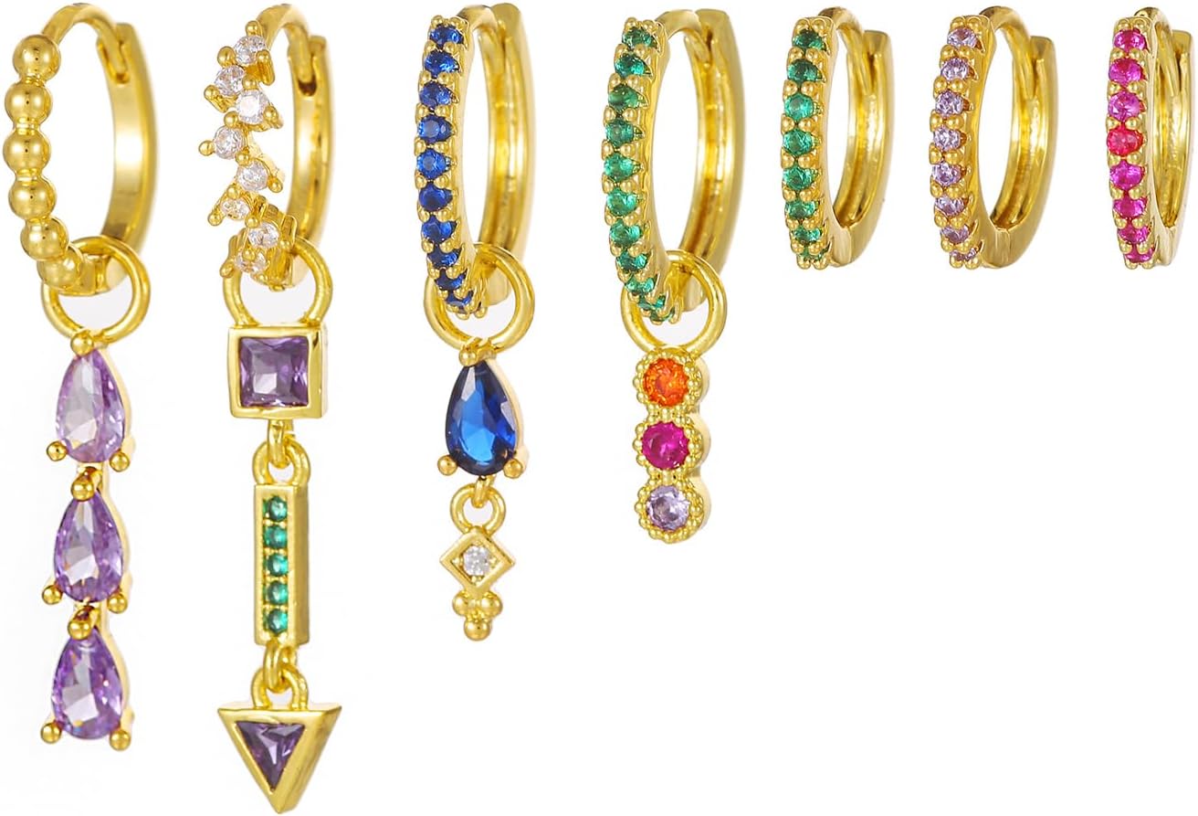 Zircon Hoop Earring Stacks Dainty Colorful Cubic Huggie Cartilage Stud Earring Sets Multiple Piercing for Woman 7 Pcs