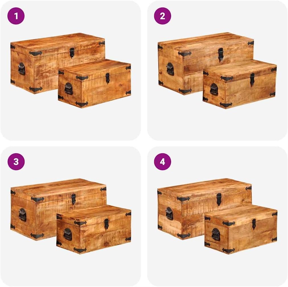 Rustic Storage Chest Set Rough Mango Wood Sturdy Storage Box with Lid Multiple Sizes Included for Living Room Bedroom Home Storage Furniture Organizer