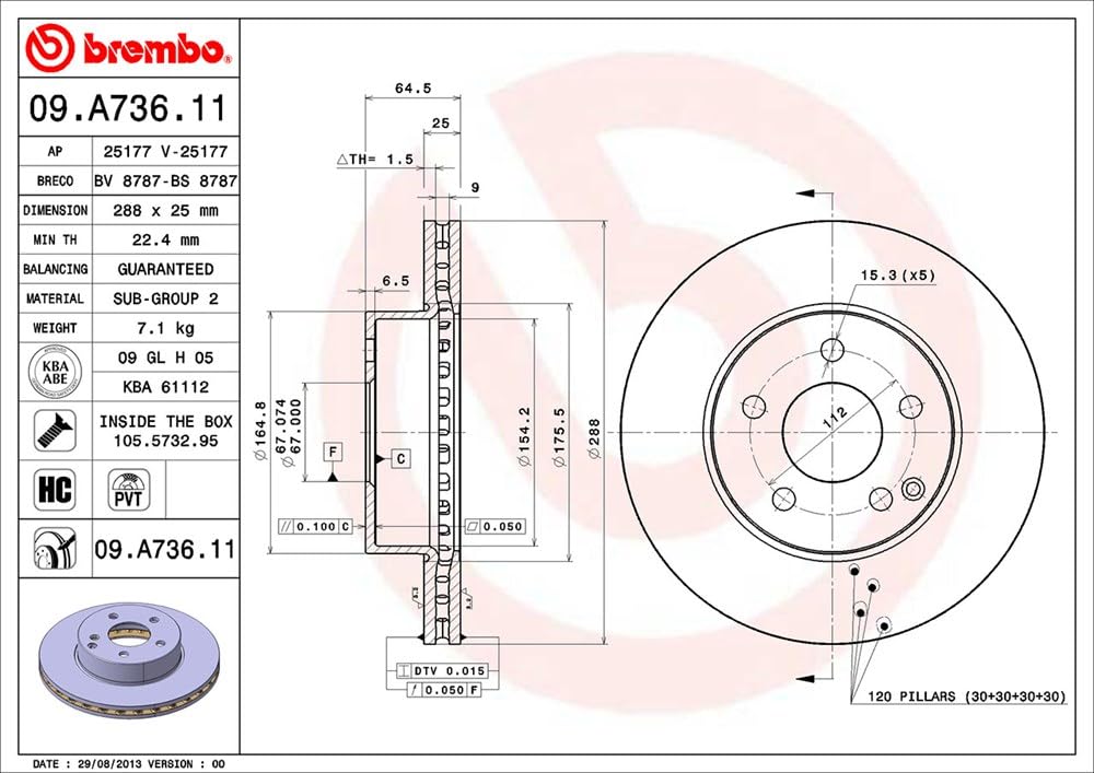 Brembo 09.A736.11 - Disco Freno con Verniciatura UV (Set di 2) - Anteriore