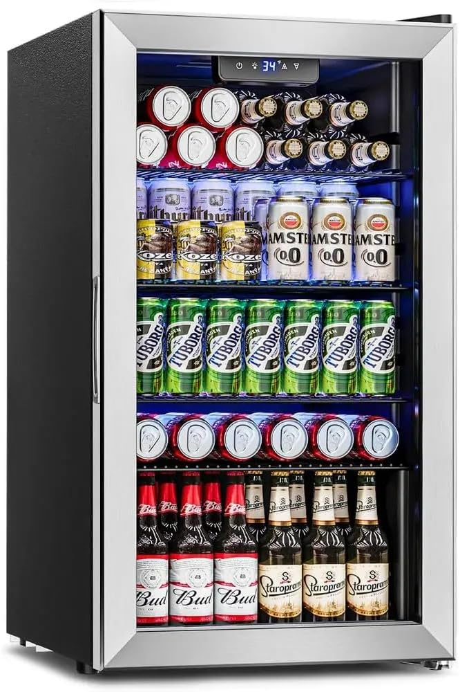 Chaleur 19" Single Zone Mini Fridge Beverage Refrigerator Glass Outdoor 126-Can, 3.2 Cu.Ft Mini Fridge Glass Door, Summer Kitchen BBQ Bar Cooler, LED Light, 34-64°F, Adjustable Shelves – Silver