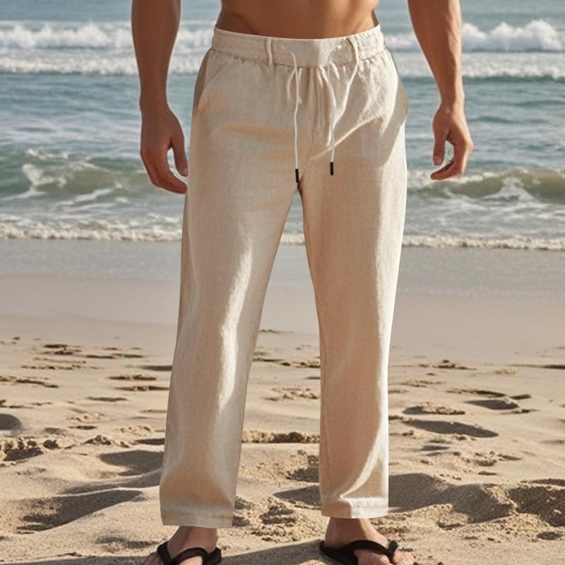 ‌Men's Linen Pants Lightweight Drawstring Elastic Waist Pockets Loose Fit Straight Legs Summer Beach Yoga3