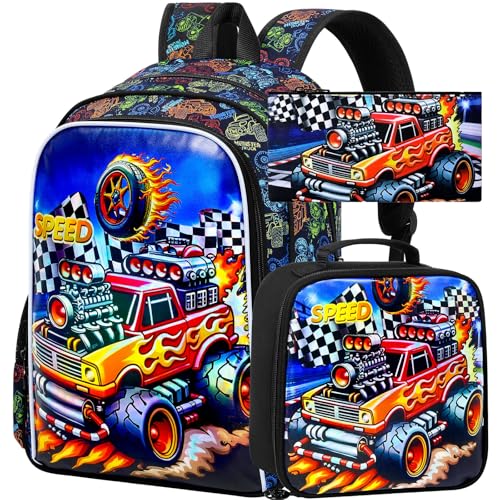 Image of 16 inch Truck Backpack for Boys, 3Pcs Car Kids Bookbag with Lunch Box, School Backpacks Set for Elementary Preschool Kindergarten(Red)