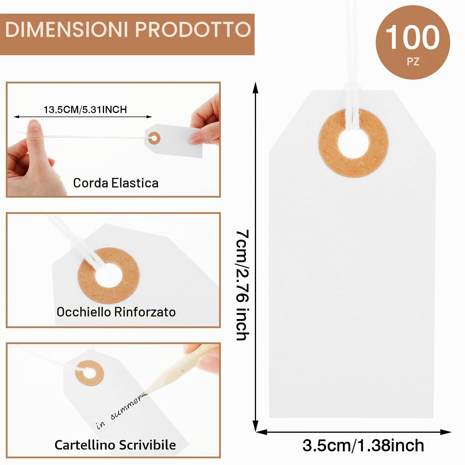 Nogeqi 100 etichette bianche per prezzi, regalo, inventario con cordino e foro rinforzato (2,76 x 3,5 cm)