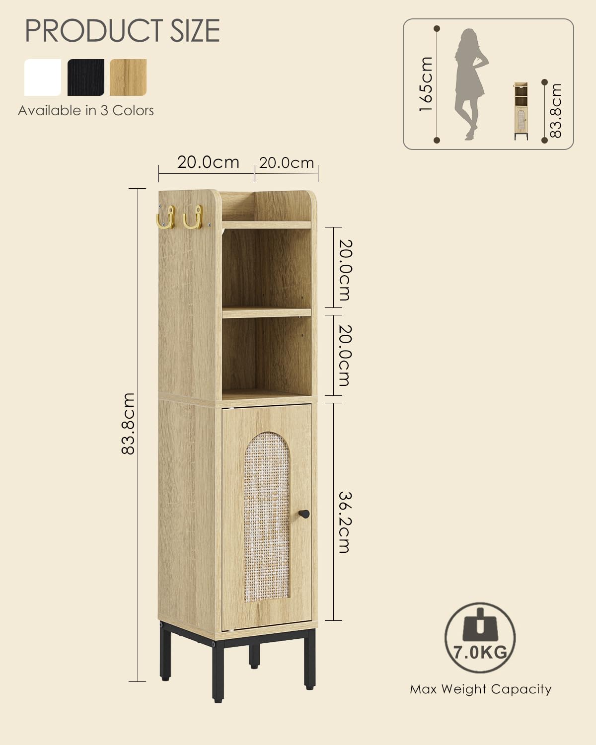 HEYZOEY Armario de baño estrecho de pie, armarios altos de baño con puerta, armario estrecho para baño, cocina, salón, dormitorio, balcón u oficina, ratán negro