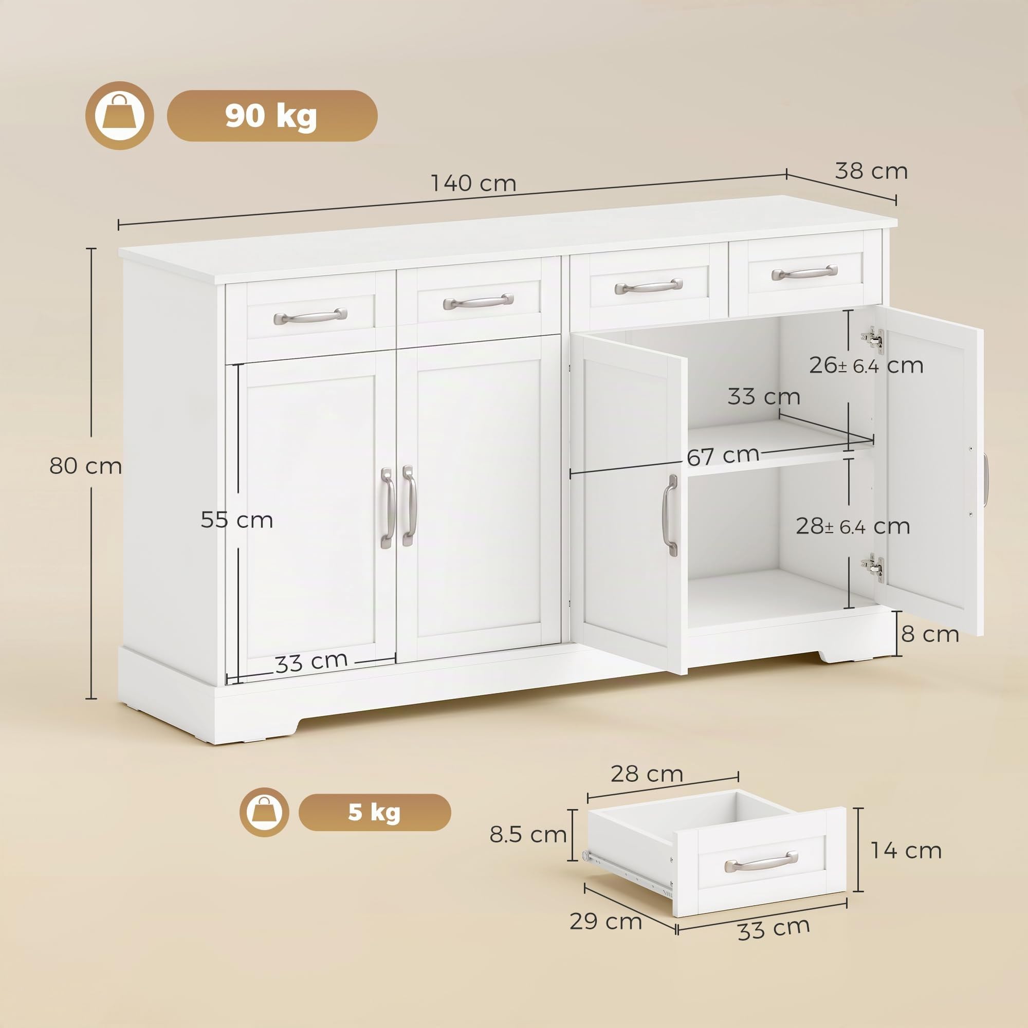 HOMCOM Credenza Cucina Mobile Cucina 4 Cassetti 4 Ante 140x38x80 cm Bianco