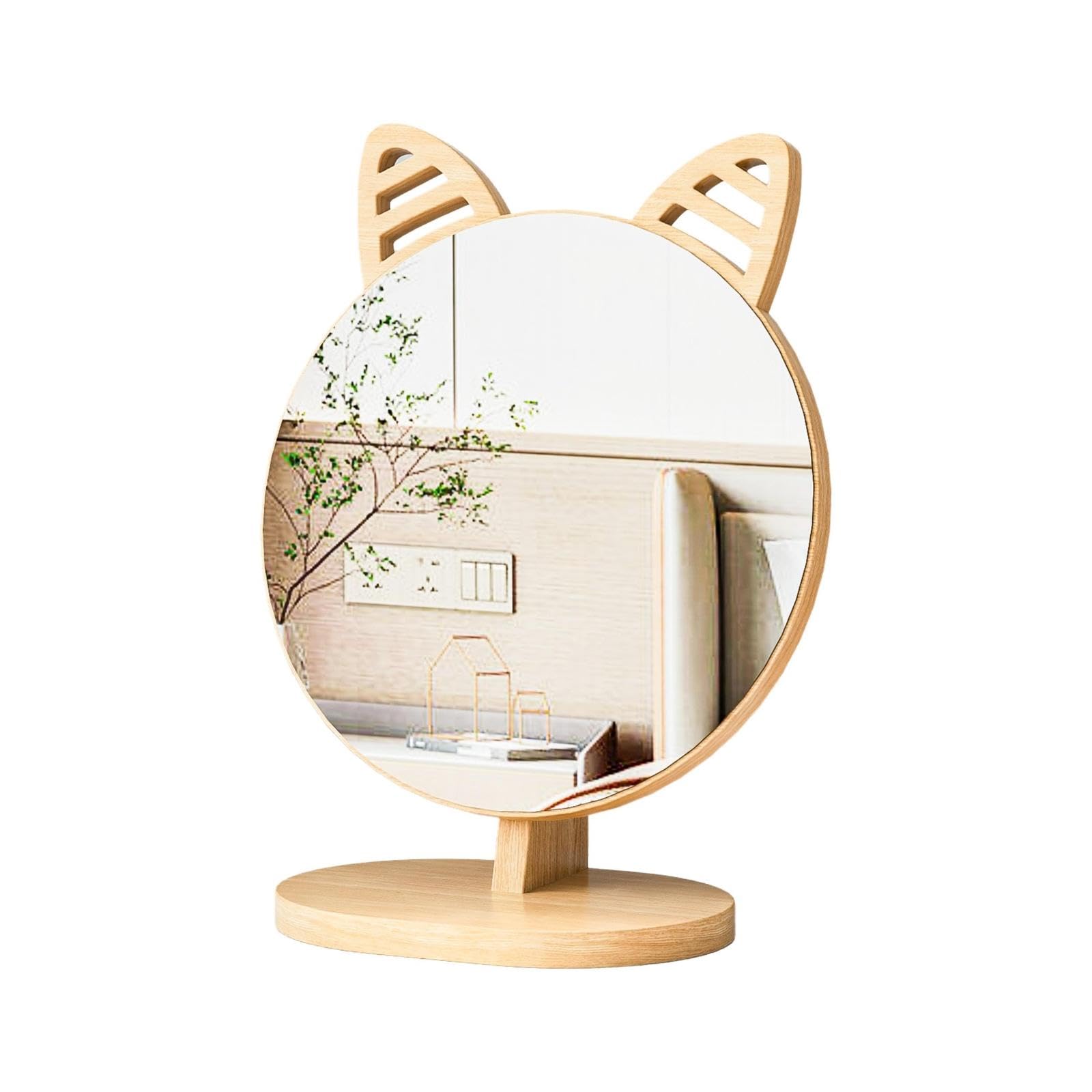 Wooden Makeup Mirror, Rectangular, 360° Rotating, Portable, Desktop, Home Cat Ear Cartoon-image-16