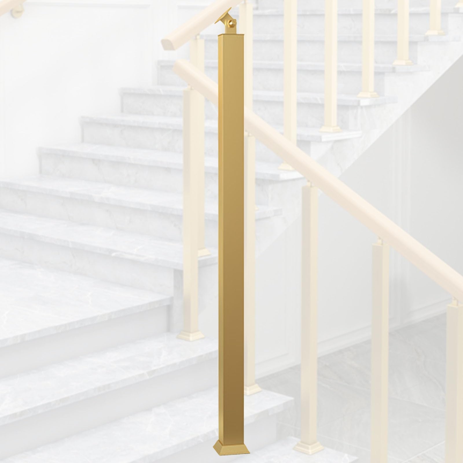 Stair Balusters Iron Gold for Interior Stairs, 270° Adjustable Step Banister/Square Staircase Spindles Posts for Stairway Deck Yard Entryway, with Floor Base Kit(1pc,57.1"/145cm)