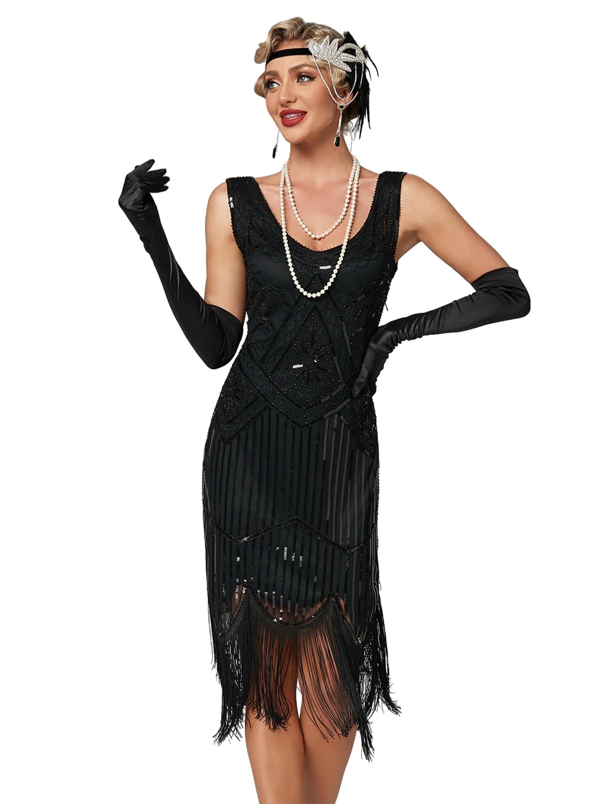 Viloree Robe Gatsby Femme Frangée Costume Flapper 1920 V Cou Soirée Paillette