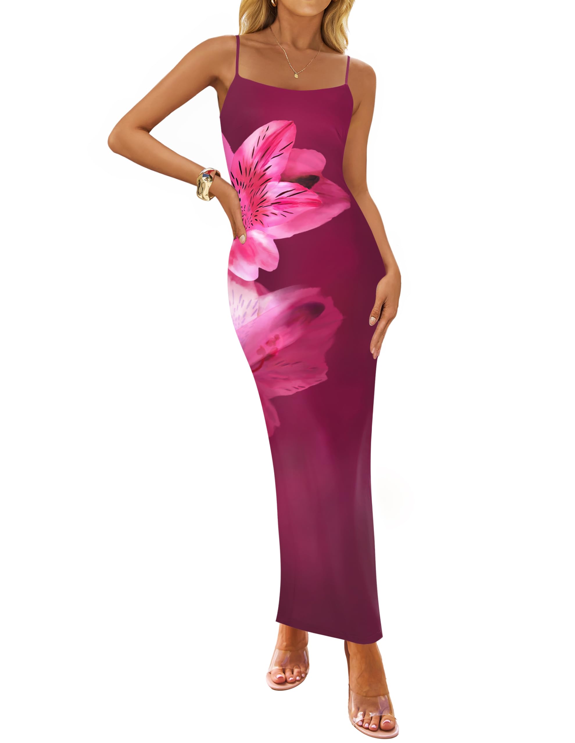 ZESICA Womens Summer Spaghetti Strap Bodycon Beach Vacation Maxi Dresses | Floral Long Dress, Sexy Sleeveless Dress, Formal Slim Fit, Trendy Back Slit