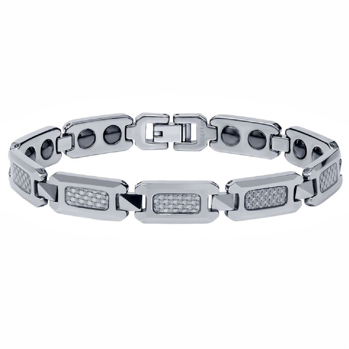Tungsten Mens JewelryMens Polished Tungsten Carbide Bracelet with Silver Carbon Fiber Inlay & Therapeutic Magnets