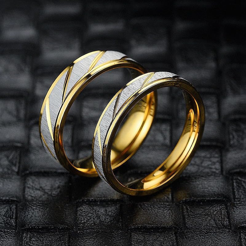 Image of Stainless Steel Couple Band Ring Set Matching Promise Couple Rings His and Her Groom Bride Anniversary Wedding Engagement Valentine Day Gift Engraved Striped Ring 6MM 4MM Comfort Fit Size 9