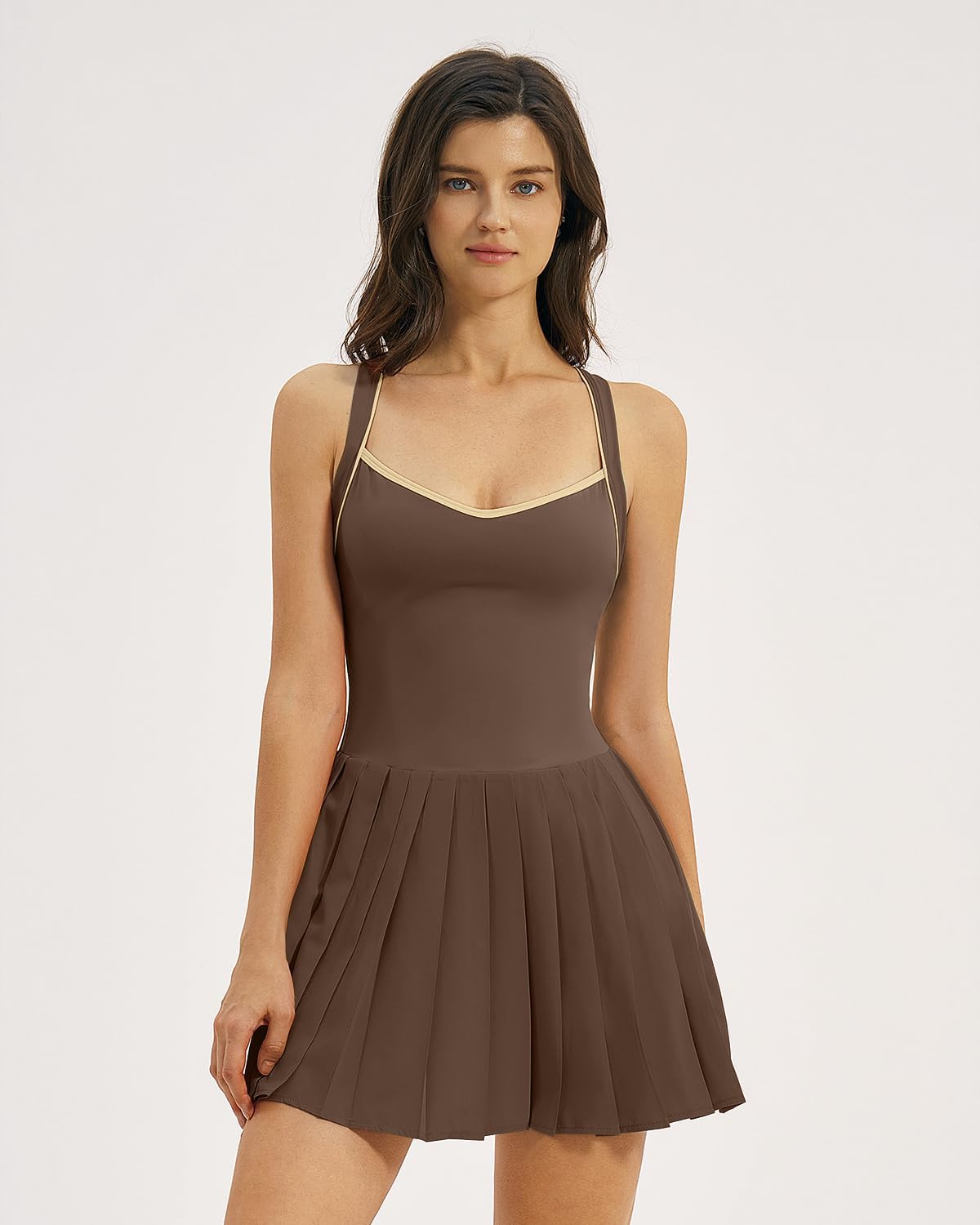QINSEN Womens V Neck Pleated Tennis Dresses Built in Shorts Cross Back Sleeveless Athletic Dress with Pockets