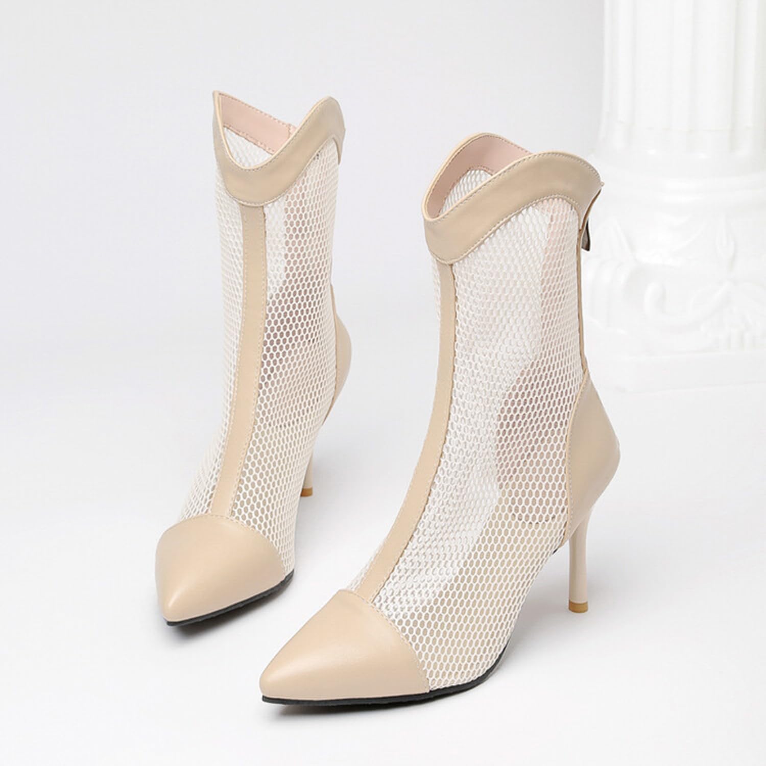 Femmes Bout Pointu Talon Aiguille Bottines en Cuir Maille Couture Bottes mi-Mollet Fermeture à glissière arrière été décontracté Respirant Bottes Chaussures habillées