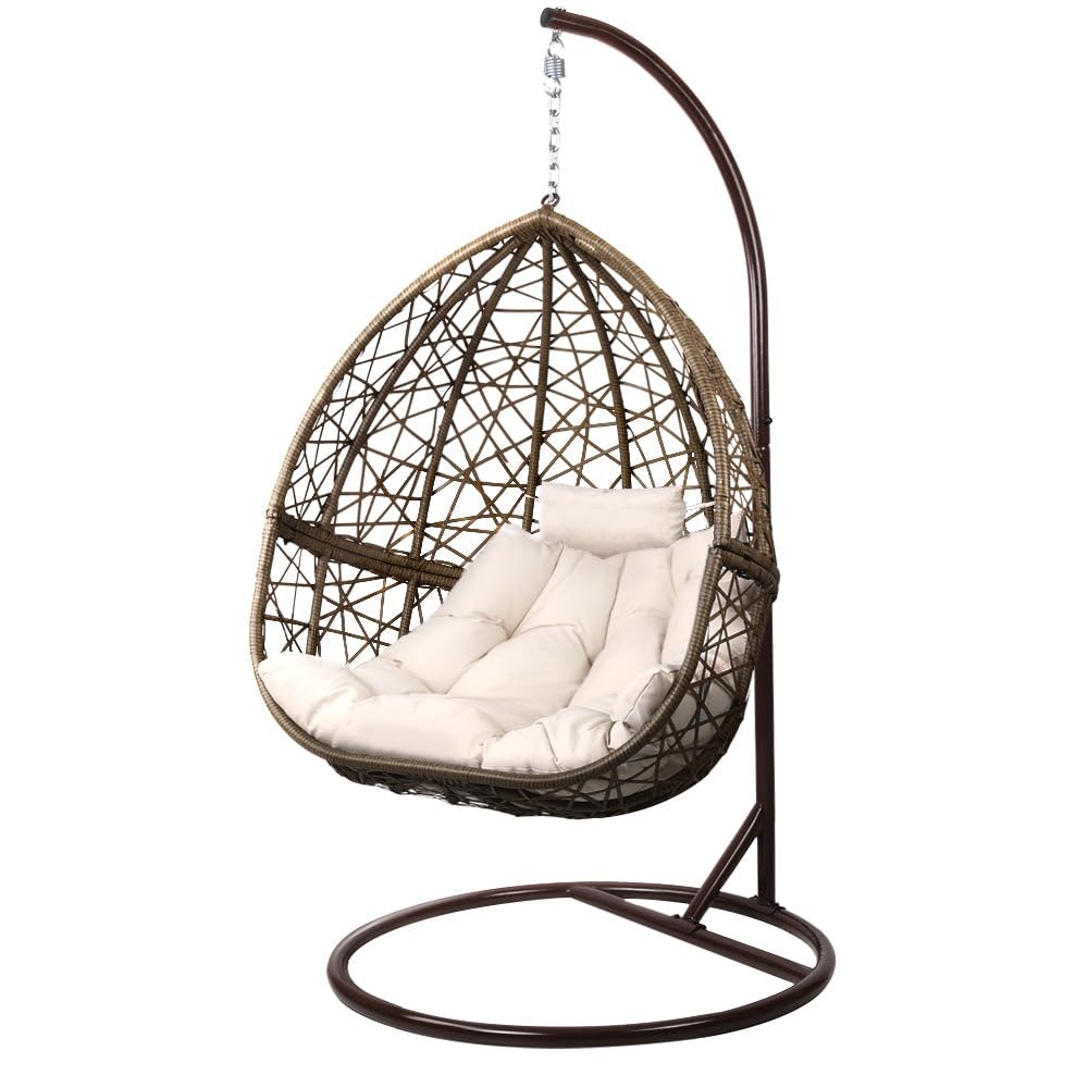 Gardeon Outdoor Egg Swing Chair Rattan Latte Garden Bench Hanging Seat, Patio Baconly Furniture Chairs, with Cushions Stand Wicker Basket Water Resistant 150kg Capacity