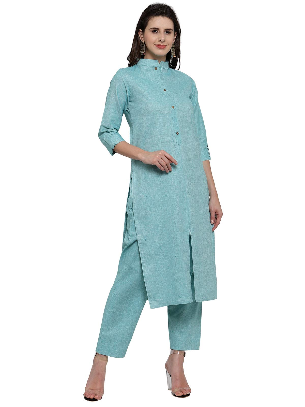 Teal Collar Cotton Kurti with Culotte-image-0