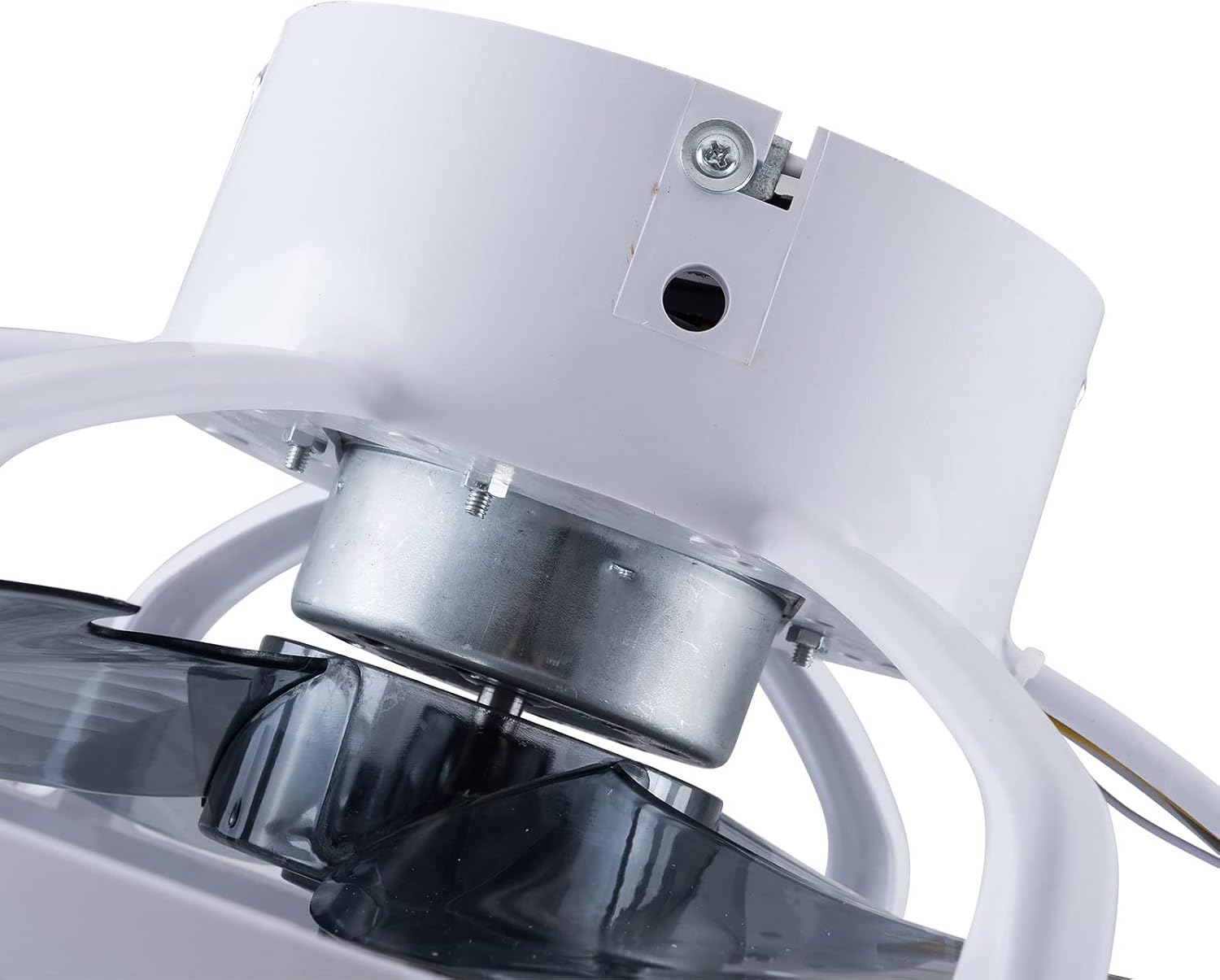 Close-up view of the ceiling fan's motor and internal wiring connections during installation