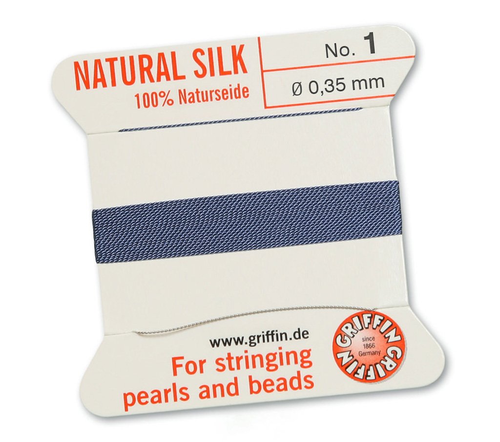 GRIFFIN 100% Natural Silk Beading Cord String Thread - Blue - 2 metres with one needle - Size 0.35mm
