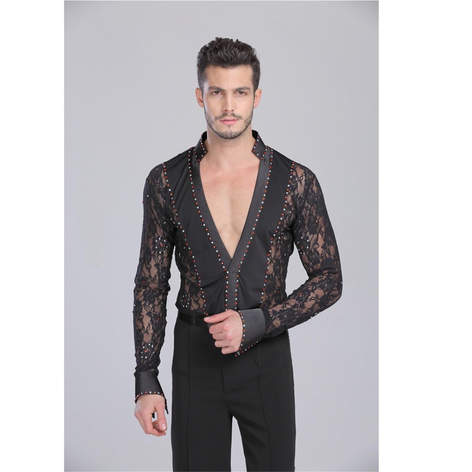 Ropa de Baile Latino for Hombre, con Encaje en Blanco y Negro, for Bailar vals, salón, actuación, Camisas, Tops Pantalones para Hombre, Salsa, Jazz, Danza