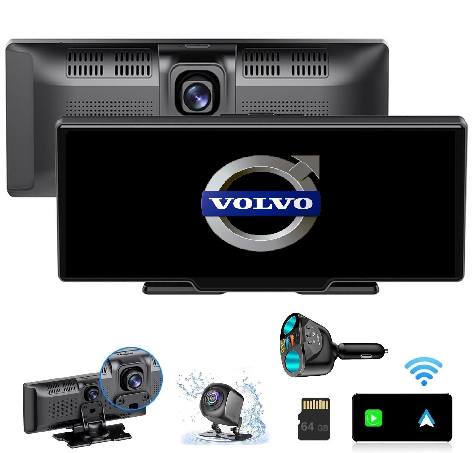 World's First *Dual BlueTooth, Car Logo Start Screen* Portable Wireless Carplay/Android Auto Display, 2.5K Dash Cam, 9.3" HD IPS Touch Screen,1080p Rear Cam, Loop Record, Mobile Mirror (Volvo)
