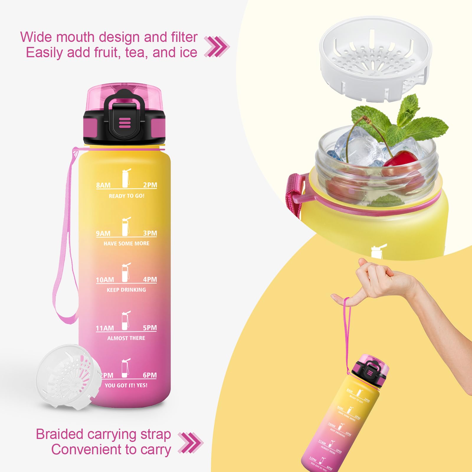 Borraccia 1L, Borraccia Motivazionale con Filtro, A Prova di Perdite, Bottiglia Acqua con Indicatore del Tempo, per Fitness, Viaggi, Ufficio