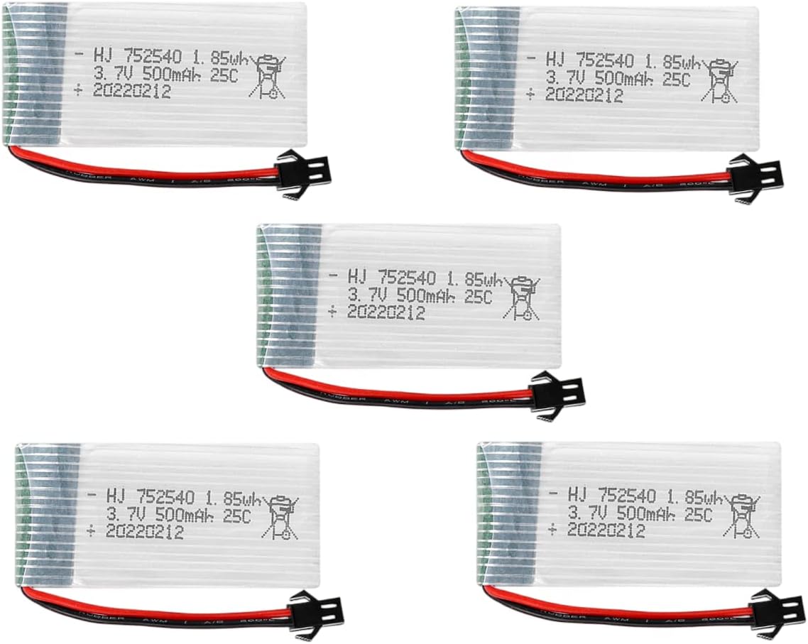 5 pcs 3.7V 500mAh 25C 752540 Rechargeable Lithium Batteries for RC Drone SM2P/JST/XH2.54/PH2. Connector (XH2.54)
