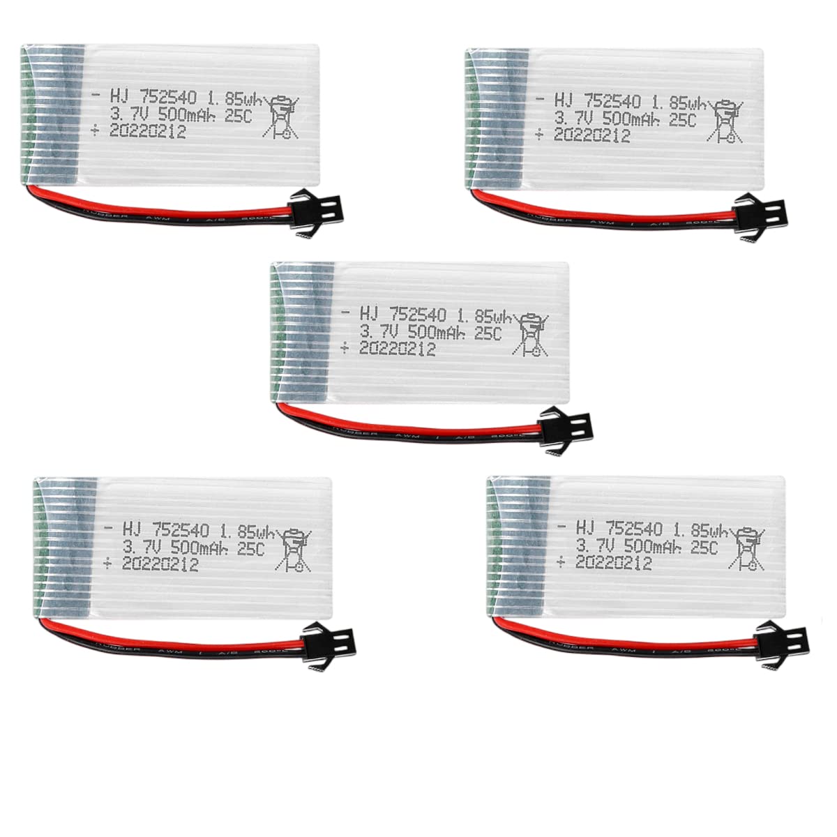 OooSure 5 pcs 3.7V 500mAh 25C 752540 Rechargeable Lithium Batteries for RC Drone SM2P/JST/XH2.54/PH2. Connector (XH2.54)