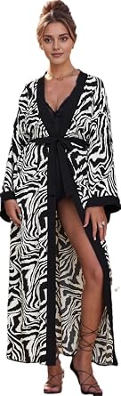 RanRui Zebra Beach kimono robe Loose Open Front Coverups Cotton Kimono dresss Kimono Swimsuit Cover ups Women Open Front Kimono Duster Robes with Belt Loose Over Sized 8733-0