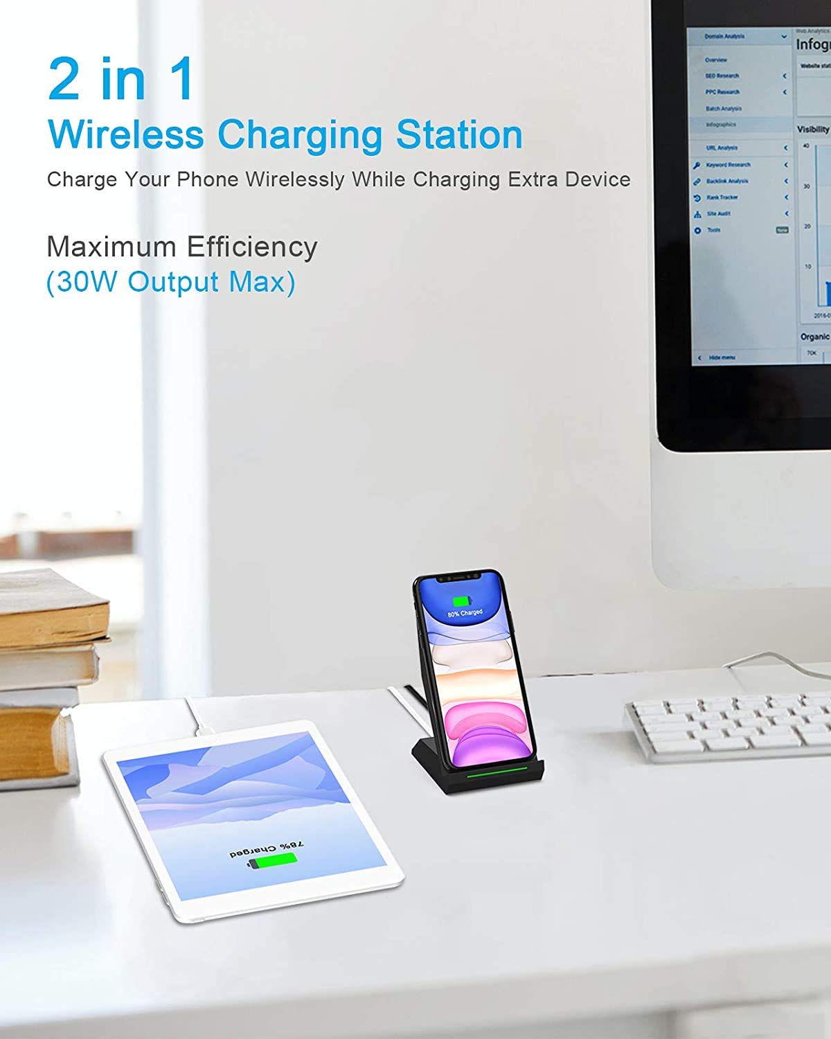 NANAMI Chargeur sans fil Fast 2 en 1 avec port USB, station de charge inductive Qi pour iPhone 12/SE 2/11/XS Max/X/XR/8 Plus, Galaxy S20+ S10 S9 S8, Note 20/10/9/8 (avec adaptateur PD 30 W)